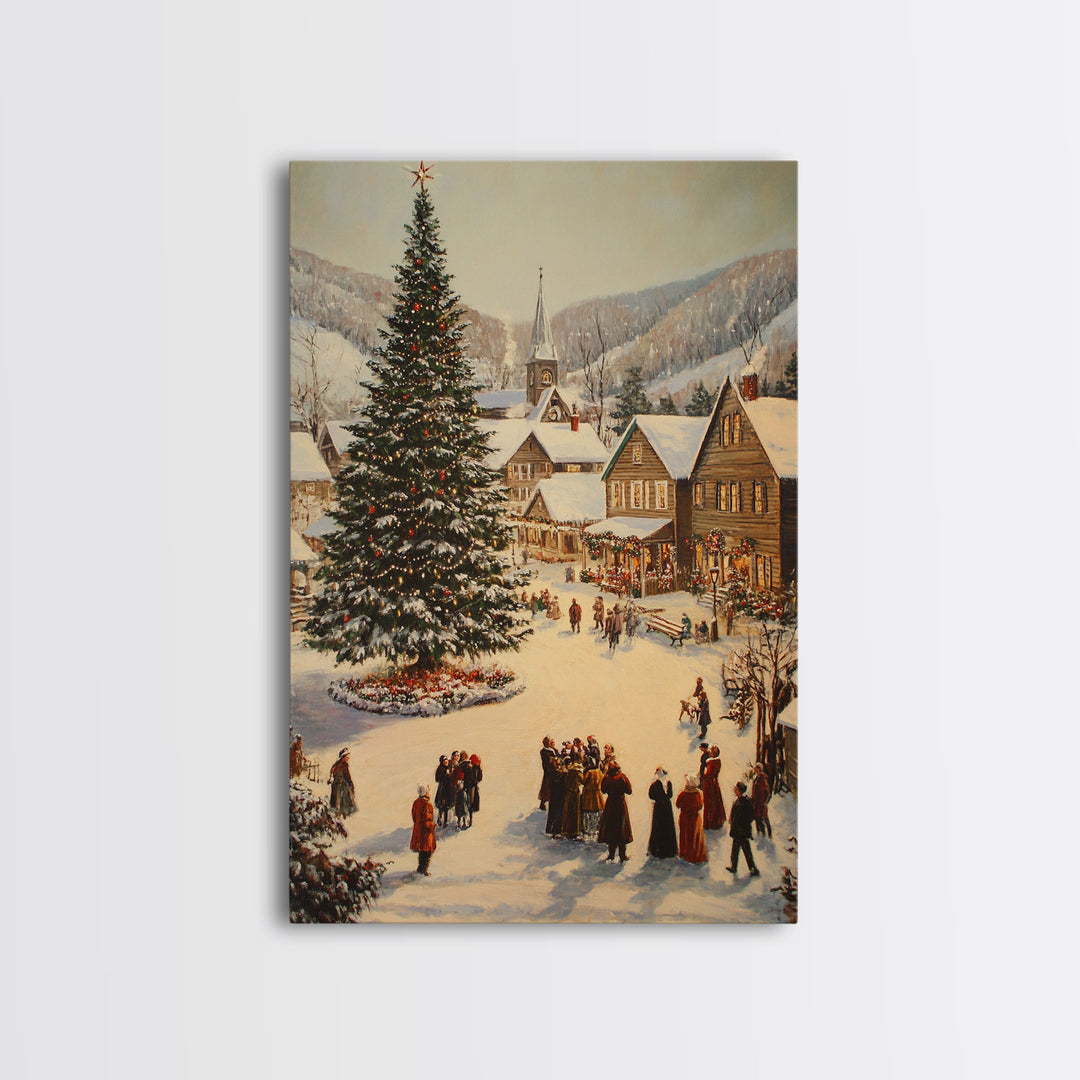 Victorian Christmas Village Framed Canvas Print, Festive Winter Scene Large Christmas Tree, Wall Art for Vintage Country or Farmhouse Decor