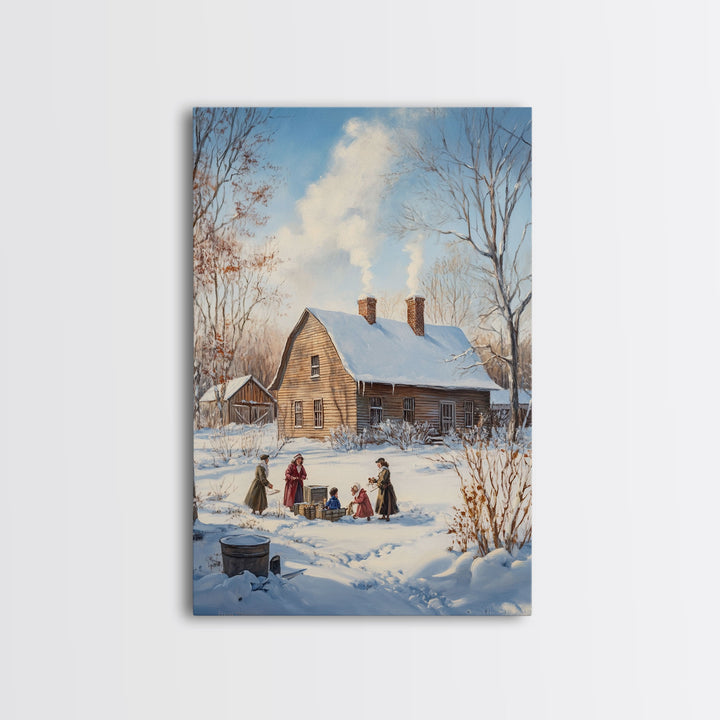 Snowy Country Homestead Framed Canvas Print, Winter Family Gathering Outside Farmhouse, Rustic Christmas Wall Art Holiday Seasonal Decor