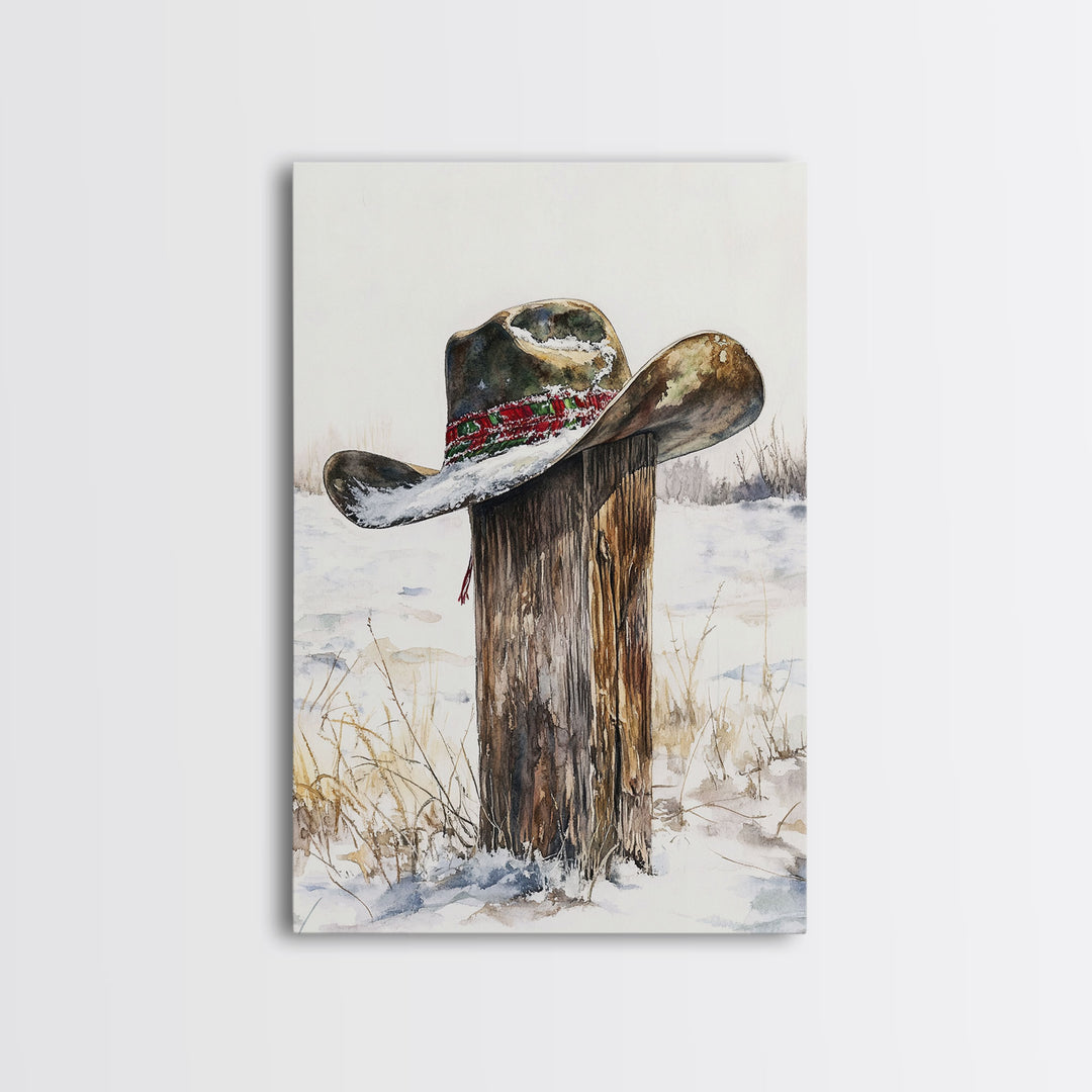 Rustic cowboy hat on snow-covered post, Framed Canvas Print, winter western decor, farmhouse Christmas art, above sofa art rustic homes