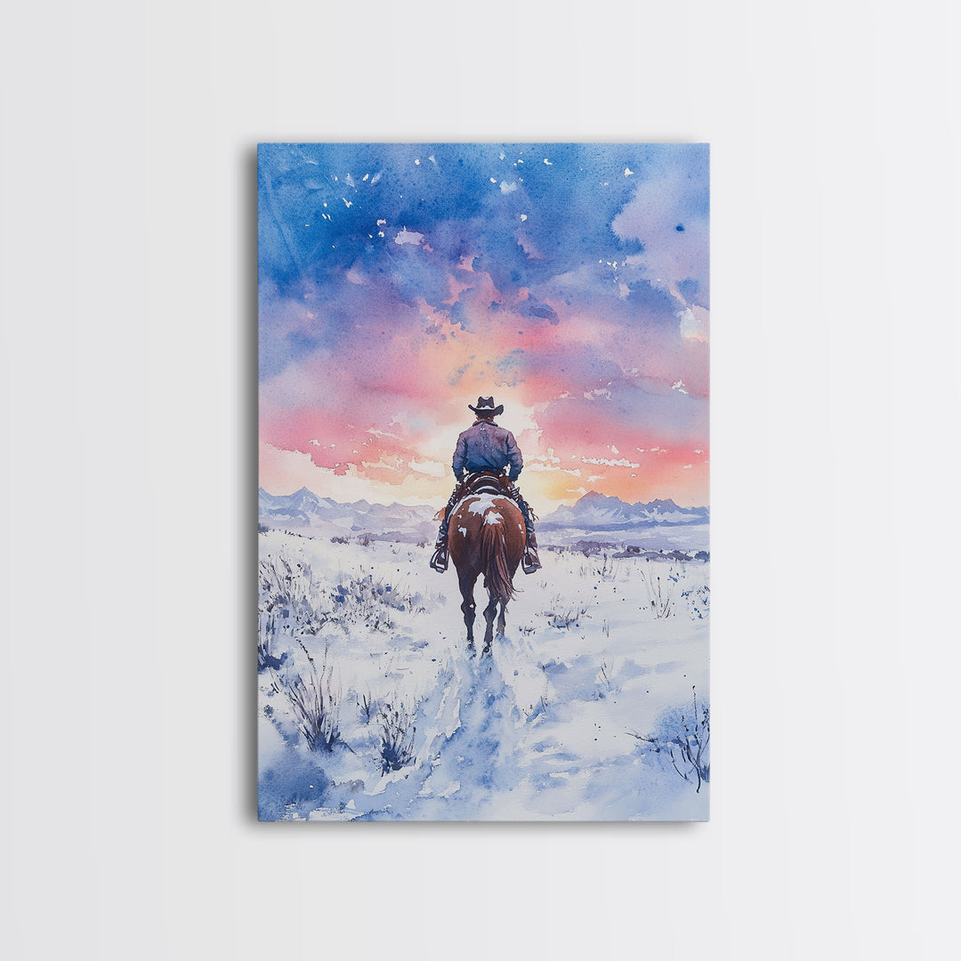 Cowboy riding through snowy sunset, Framed Canvas Print, winter landscape wall art, western decor for above sofa, rustic holiday decor