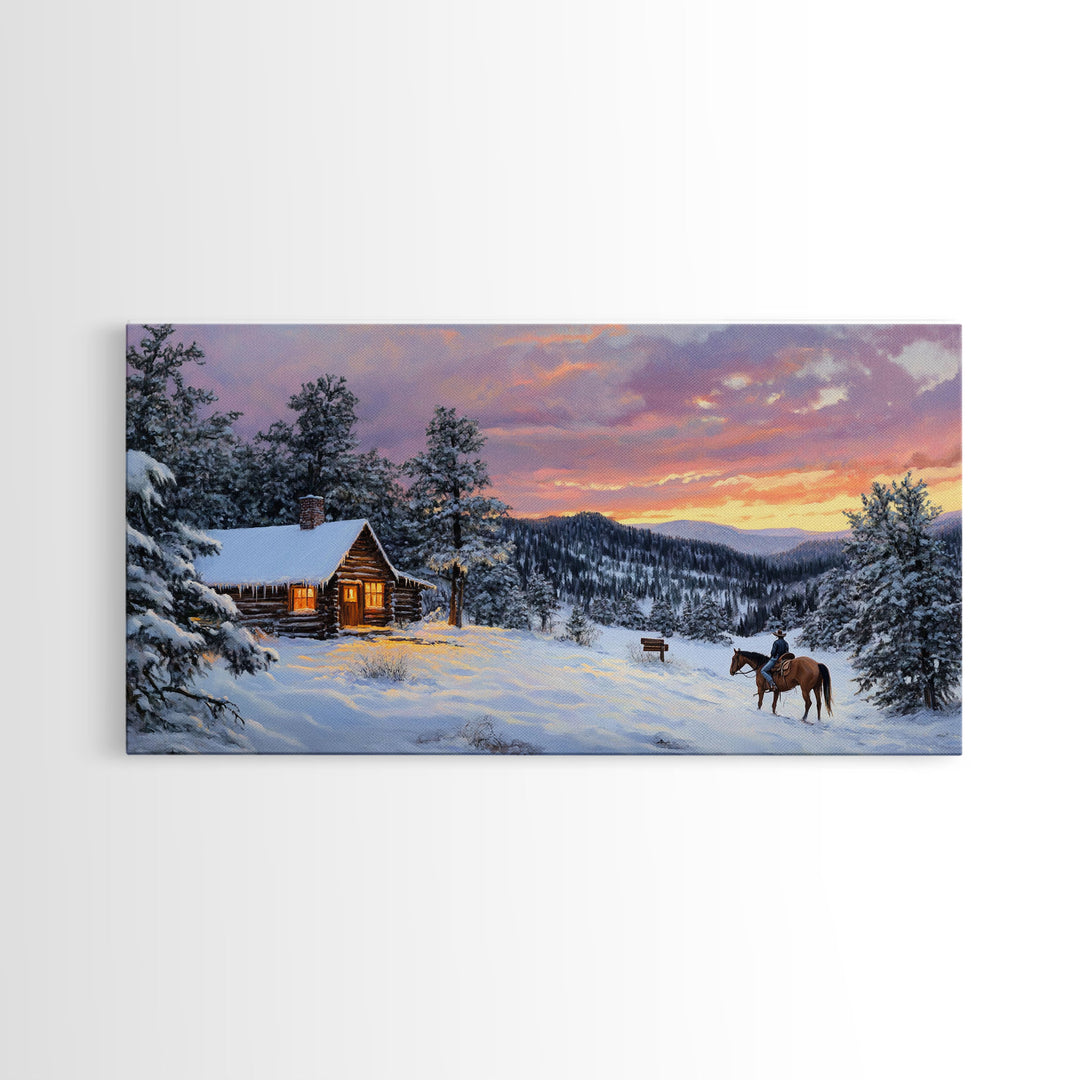 Large Cabin Winter Scene Framed Canvas Print Perfect Wall Art Home Decor, Rustic Christmas Art, Winter Art Print Gift Seasonal Wall Decor