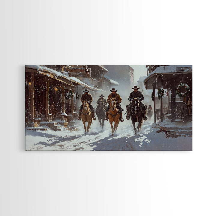 Snowy Cowboy Christmas Town Canvas Print, Rustic Western Christmas Decor, Perfect Holiday Home Decor and Vintage Wall Art