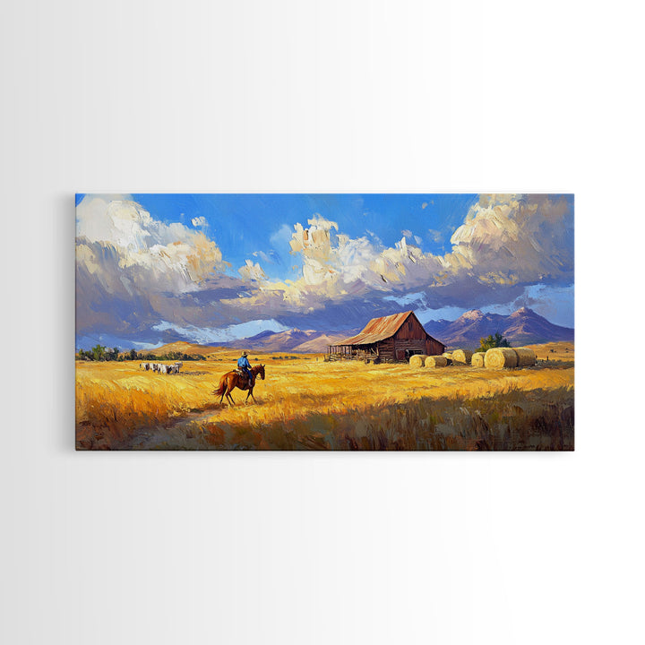 Lone Rider Crossing Golden Fields Tall Art Framed Canvas Print Rustic Cowboy Riding Horse Farmhouse Country Landscape With Cloudy Sky