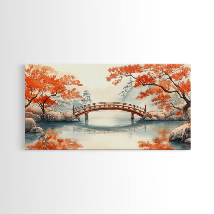 Tranquil Japanese Autumn Bridge Framed Canvas Print Fall Nature Scene Art Minimalist Wall Decor Seasonal Holiday Gift Idea 2024