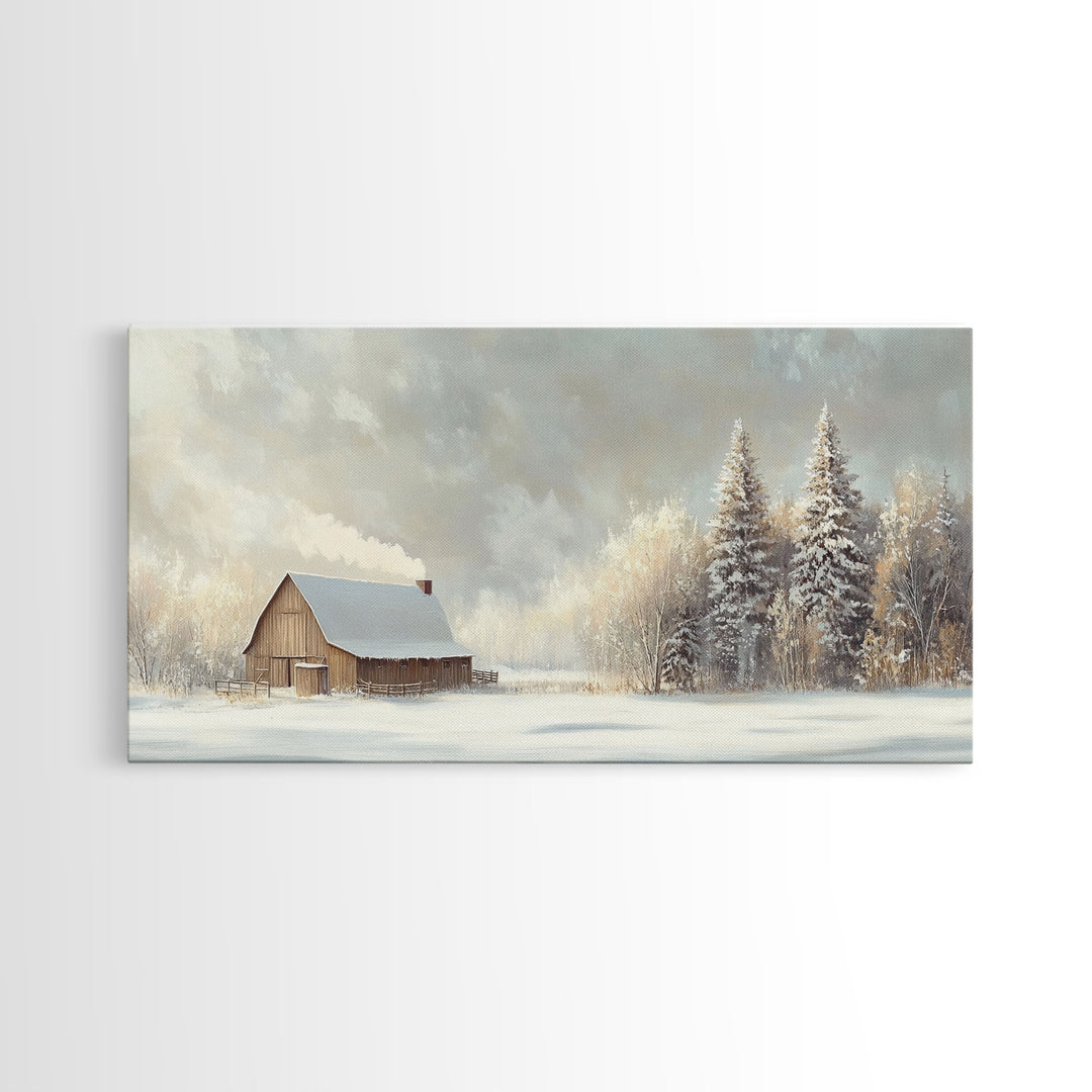 Snowy Barn In Winter Wonderland Tall Art Framed Canvas Print Tranquil Rustic Barn Covered In Snow With Pine Trees Winter Landscape