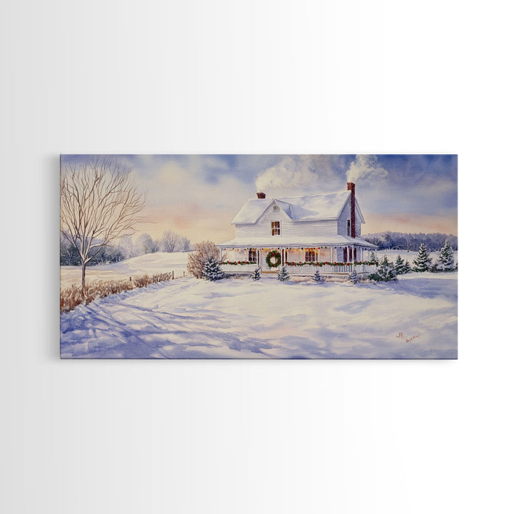 Farmhouse Christmas decor Framed Canvas Print snowy white farmhouse with wreath winter wonderland holiday decor best gift Christmas wall art