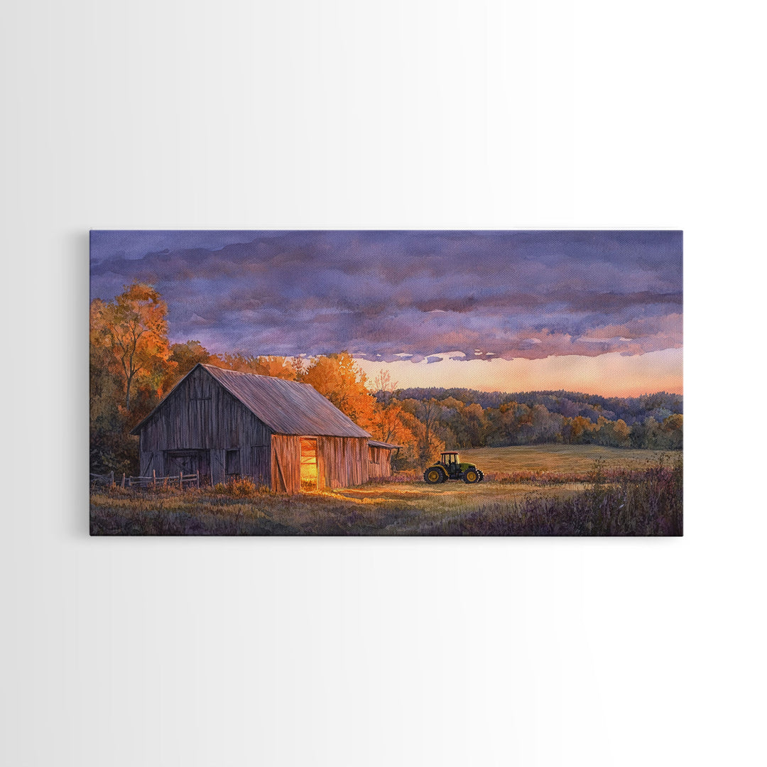 Rustic autumn farmhouse decor Canvas Print sunset landscape with tractor and barn moody landscape fall decor autumn wall art gift idea