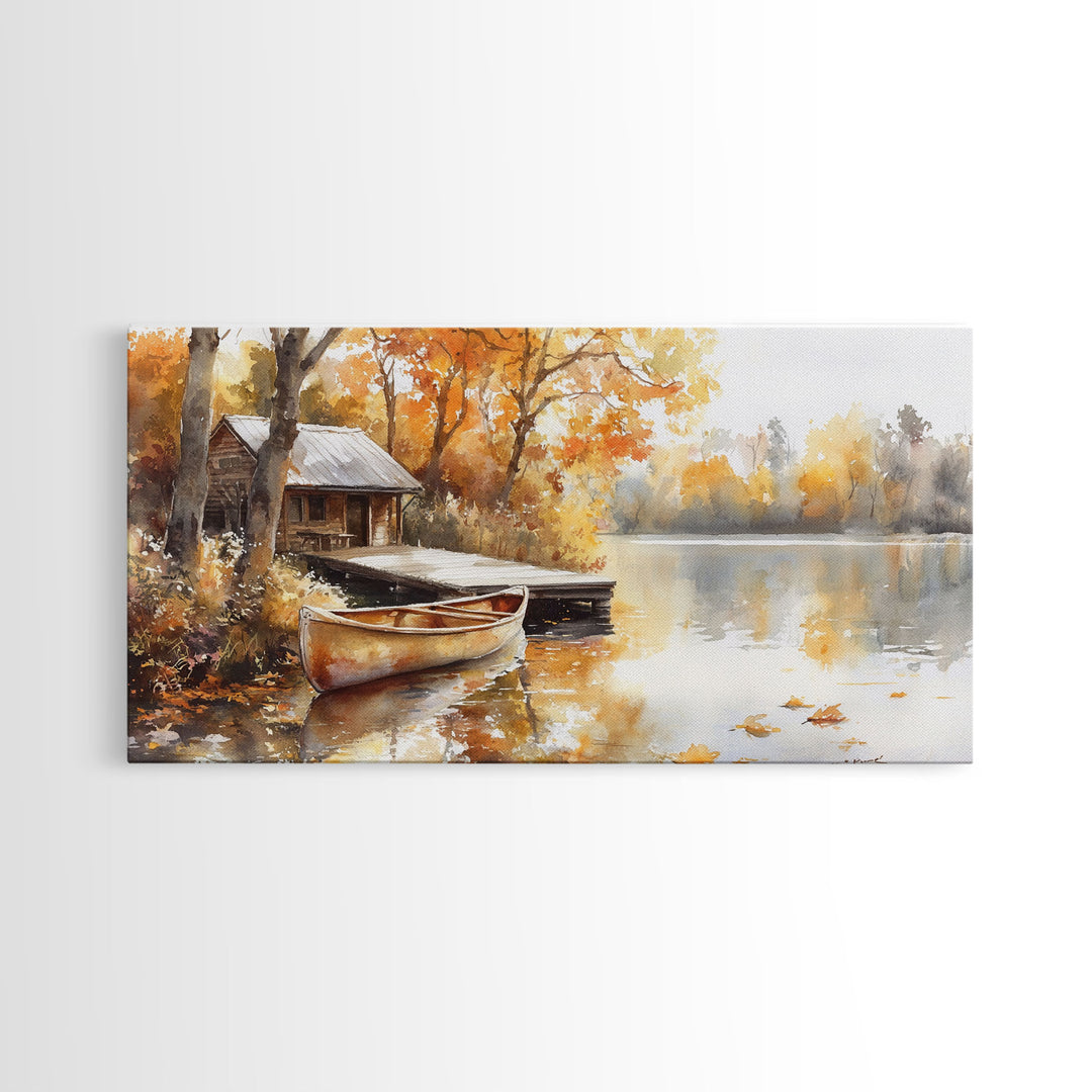 Autumn lakeside cabin decor Canvas Print fall colors cabin and canoe moody landscape rustic seasonal wall art autumn home decor gift idea