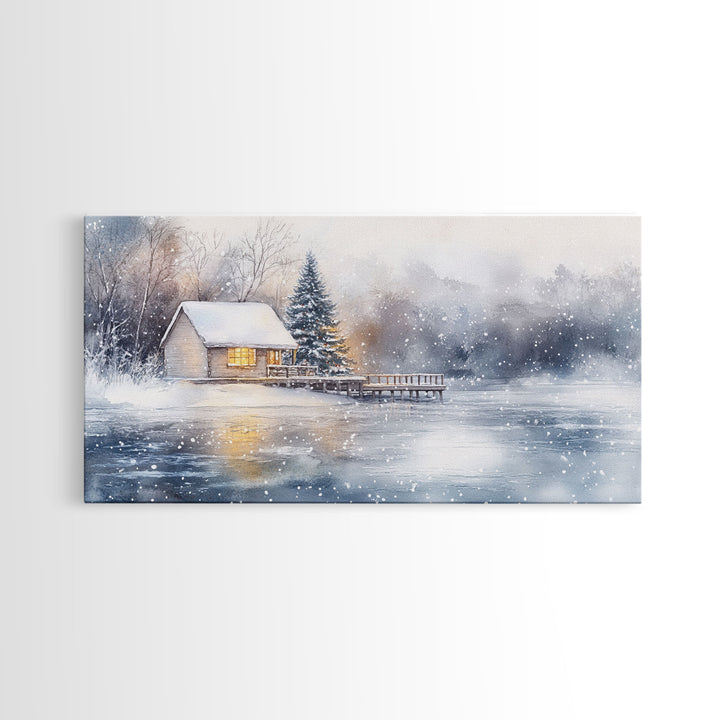 Christmas winter cabin Framed Canvas Print snowy lakeside cabin Christmas tree cozy holiday decor winter wonderland art Christmas wall decor