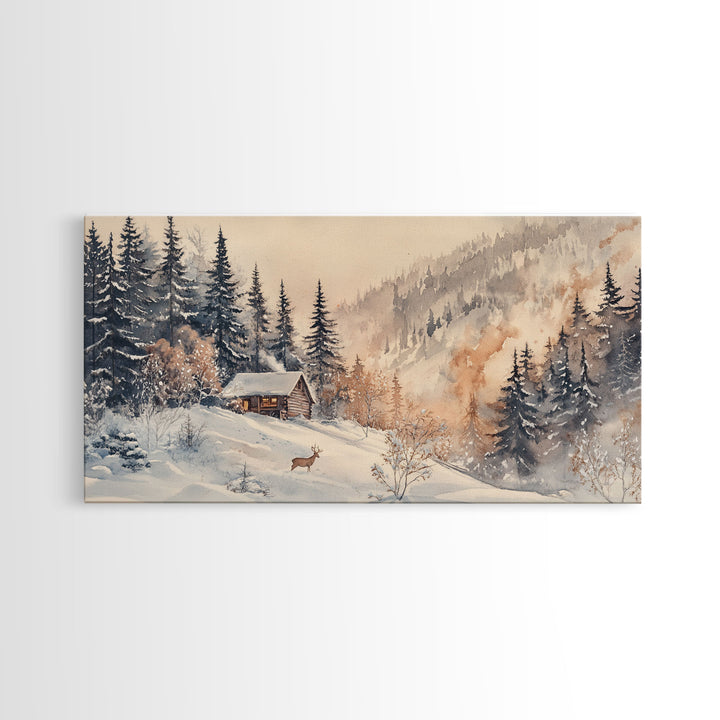 Christmas winter cabin Canvas Print snowy mountain cabin deer cozy holiday wall art winter wonderland seasonal decor Christmas gift idea