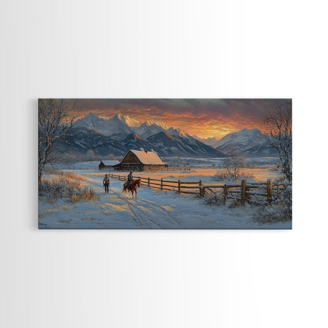 Dawn on the Frontier - Christmas scene art, winter wonderland, rustic Christmas art, Christmas farmhouse decor, snowy mountain art