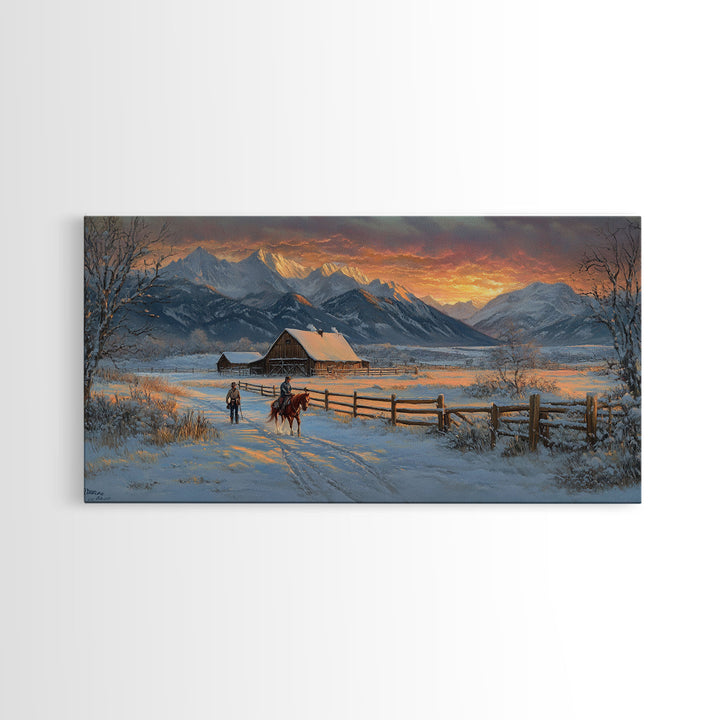 Dawn on the Frontier - Christmas scene art, winter wonderland, rustic Christmas art, Christmas farmhouse decor, snowy mountain art