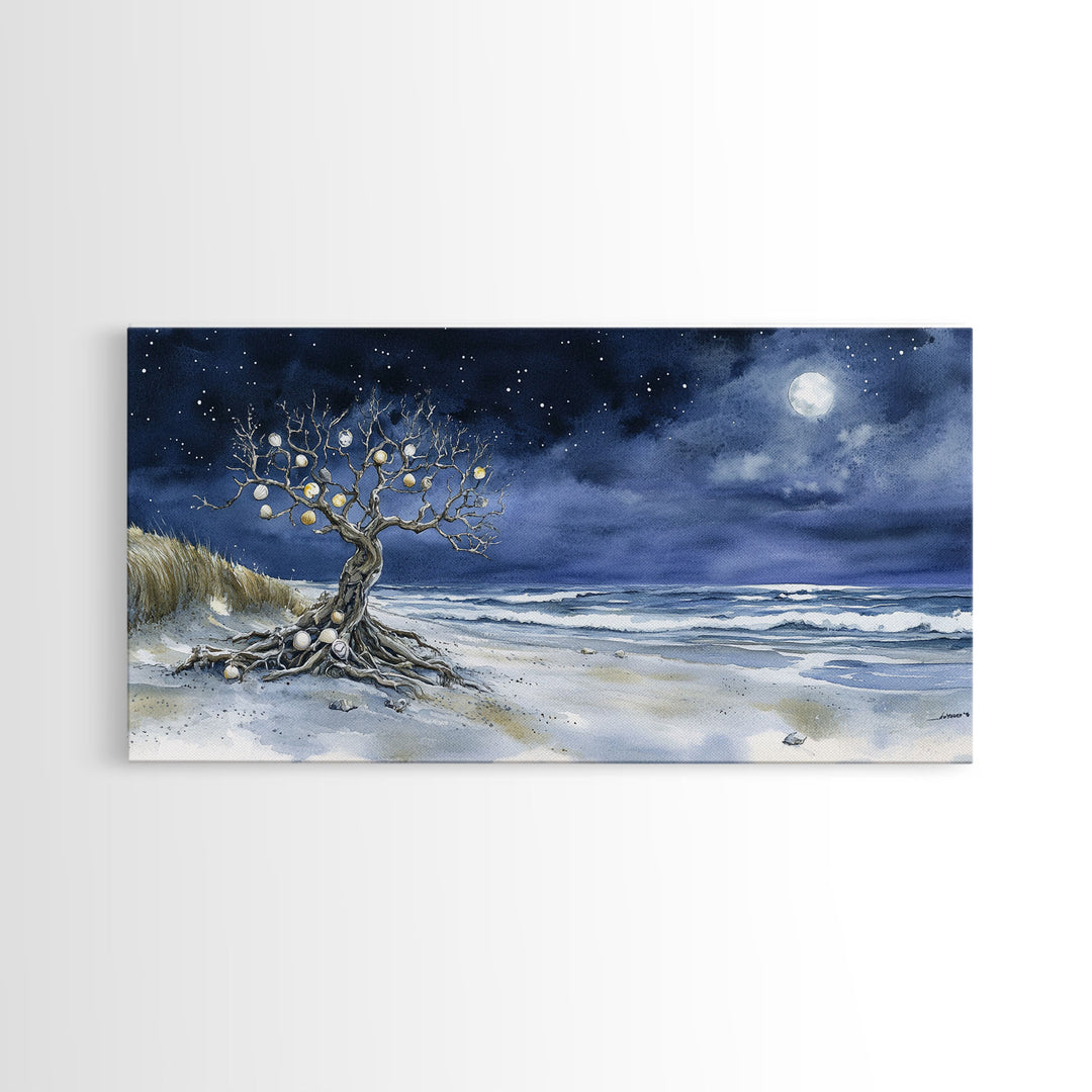 Moonlit Sea and the Tree of Ornaments - tropical Christmas, Christmas decor, Christmas wall art, Nordic Christmas decor, Christmas outdoor