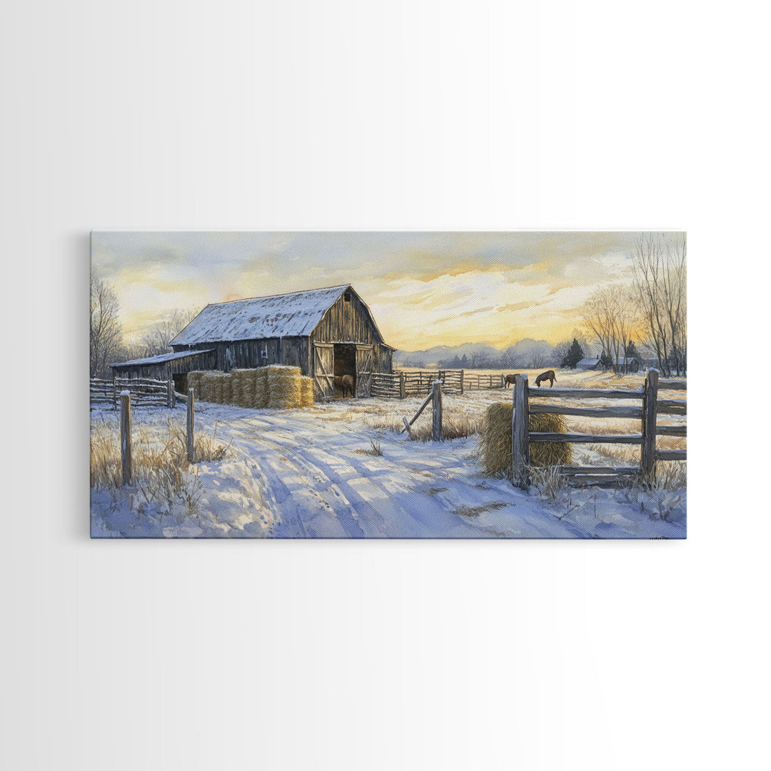 Snowy Barn Horses Canvas Print Winter Landscape Art Farmhouse Christmas Wall Art Framed Canvas Print Rustic Christmas Outdoor Decor