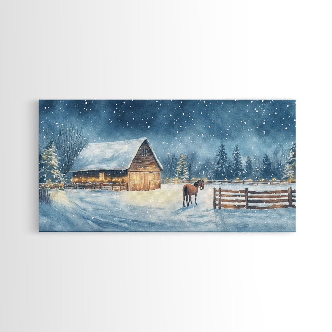 Snowy Horse Barn Canvas Print Christmas Farmhouse Decor Winter Wonderland Art Framed Canvas Print Christmas Outdoor Wall Art