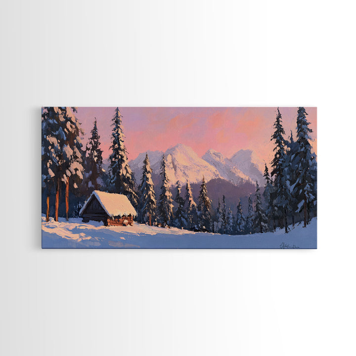 Snowy Mountain Cabin Tall Art Framed Canvas Print Cozy Winter Cabin Nestled In Snowy Forest With Majestic Mountain Landscape