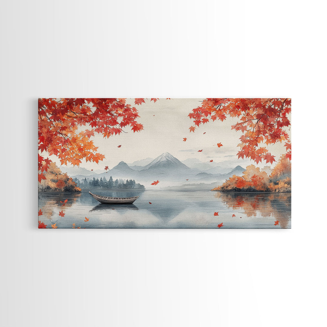 Mountain lake autumn art, fall leaves and boat decor, peaceful autumn landscape, serene fall wall art, framed canvas print, autumn decor