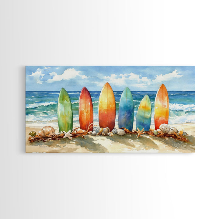 Colorful surfboards Christmas wall art, beach holiday decor, coastal Christmas art, framed canvas print, tropical Christmas art gift