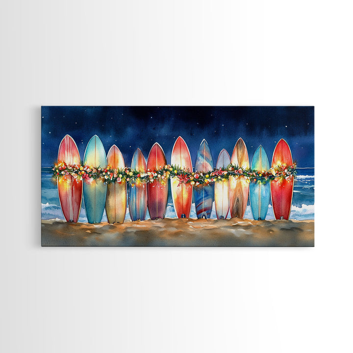 Surfboards with Christmas lights, tropical Christmas wall art, beach holiday decor, framed canvas print, coastal Christmas art, festive art