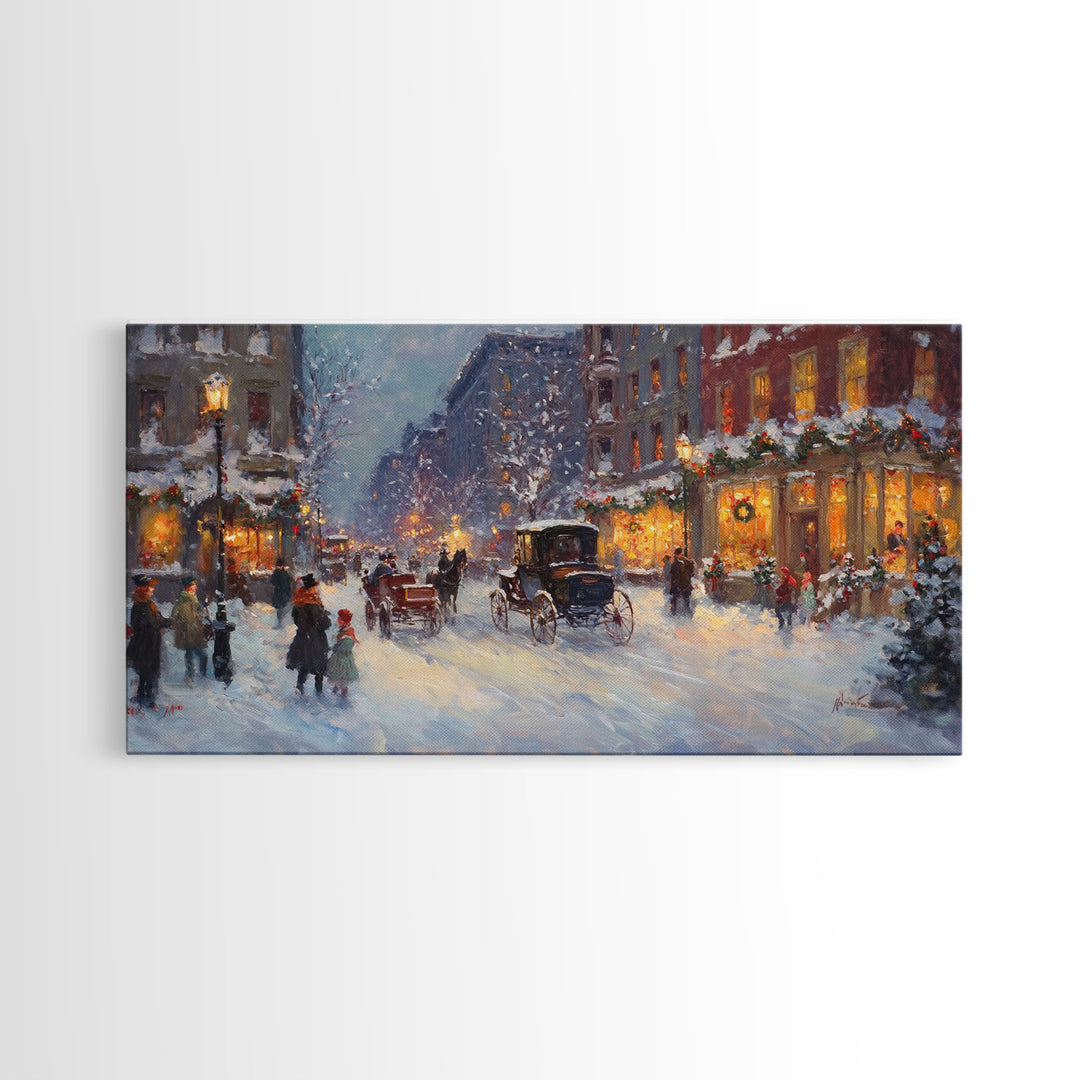 Victorian Christmas Market Tall Art Framed Canvas Print Winter Street Scene With Holiday Decorations And Horse-Drawn Carriages In Snow