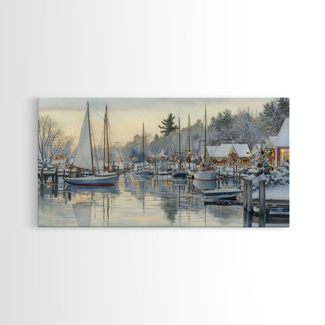 Snowy Boats at a Festive Pier Scene, Framed Canvas Print, Coastal Christmas Decor, Art, Winter Wonderland, Nautical Christmas Wall Print