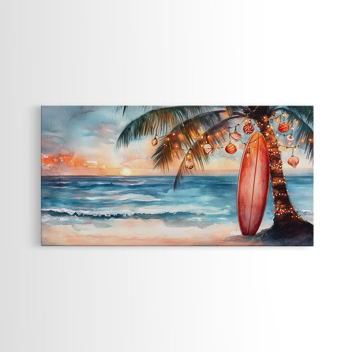 Tropical Palm Tree with Christmas Ornaments at Sunset, Framed Canvas Print, Beach Art, Tropical Christmas Decor, Coastal Holiday Wall Art