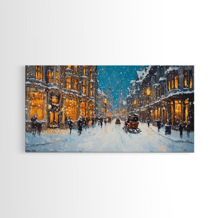 Large Framed Canvas Print Winter Wonderland Snowy City Street Art with Horse Carriage Perfect Christmas Home Decor Holiday Wall Art