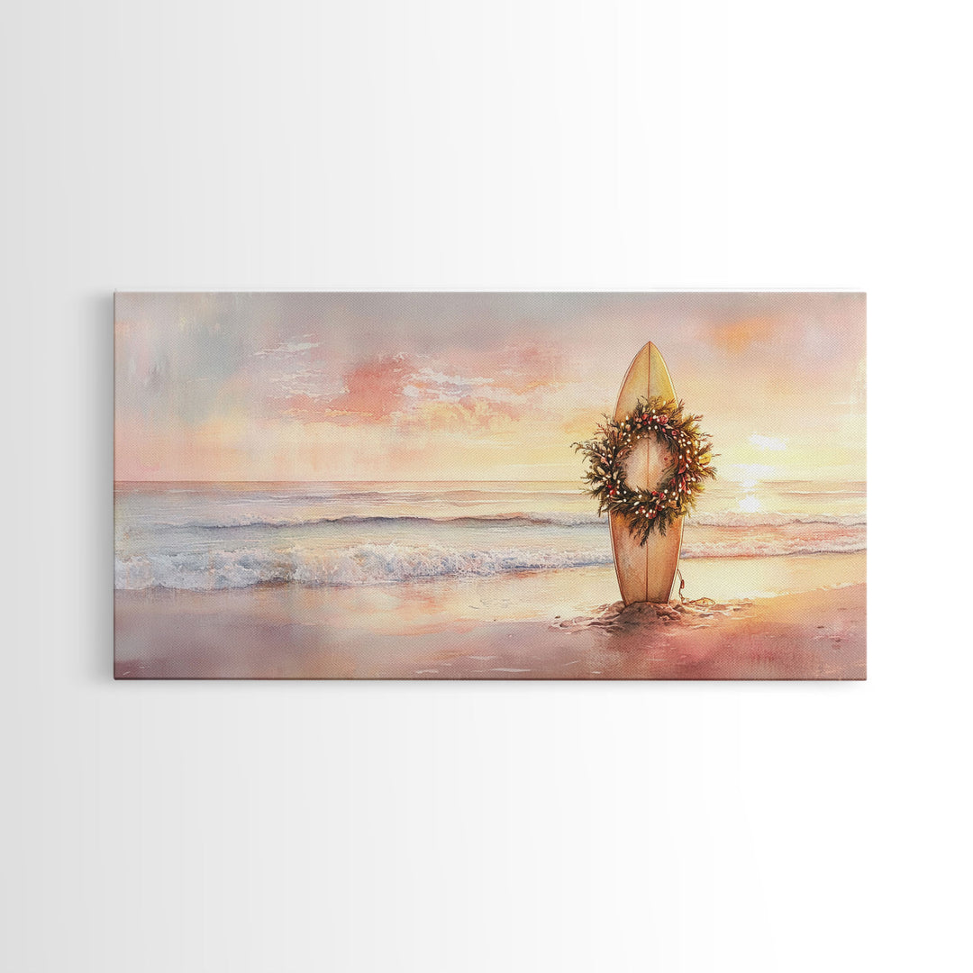 Tropical Beach Sunset Surfboard Wreath Canvas Print | Coastal Christmas Art Gift | Beach Christmas Decor | 2024 Christmas Home Wall Art