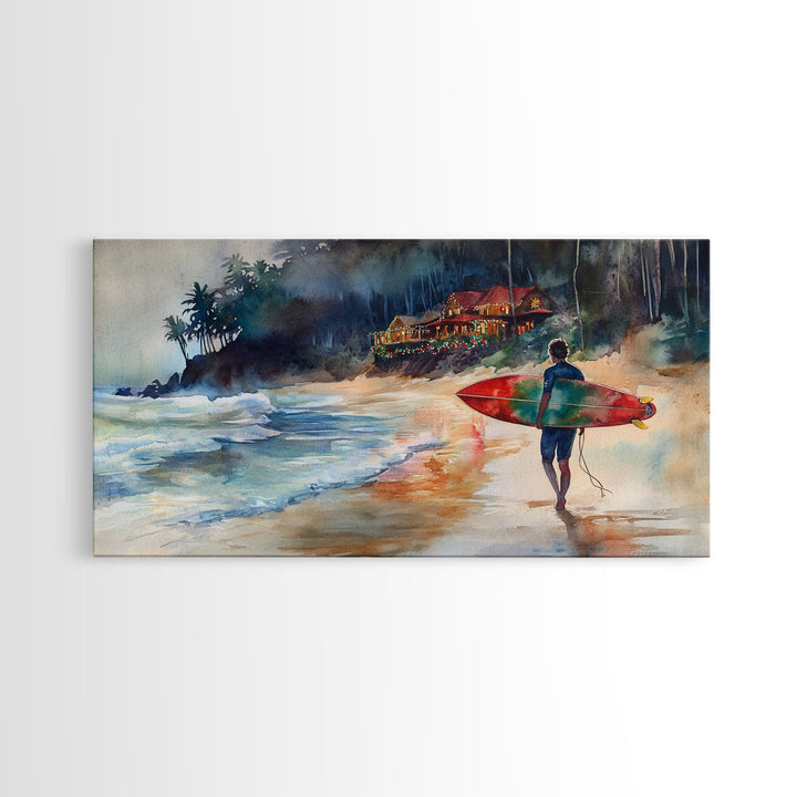 Surfer at Coastal Christmas House Canvas Print | Tropical Christmas Wall Art | Beach House Holiday Decor | 2024 Coastal Christmas Art Gift