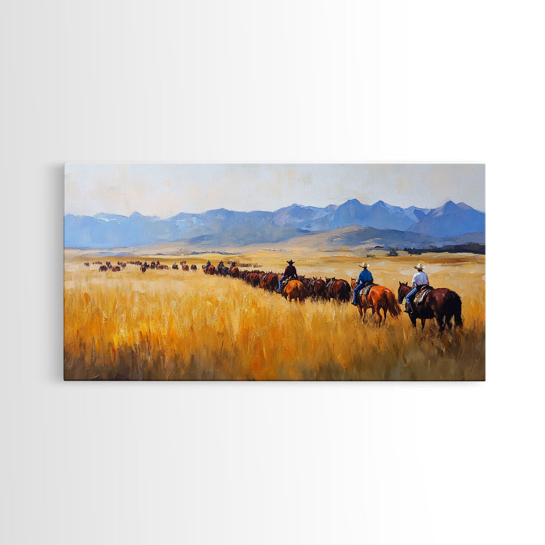 Cowboys Framed Canvas Print Western Country Horse Ride Scenic Art Large Landscape Wall Decor Ideal Holiday and Ranch Home Gift