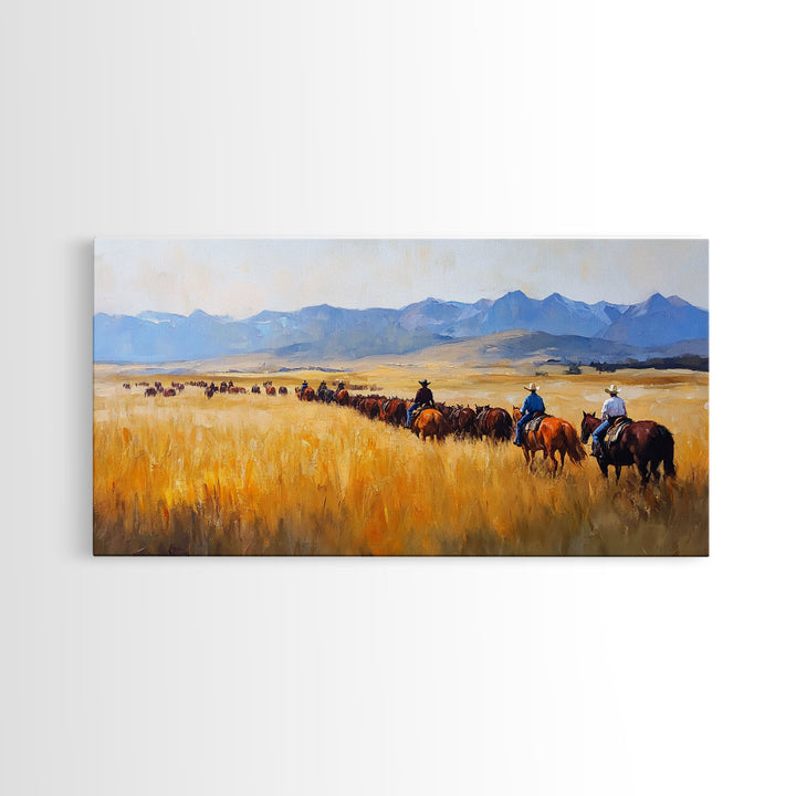 Cowboys Framed Canvas Print Western Country Horse Ride Scenic Art Large Landscape Wall Decor Ideal Holiday and Ranch Home Gift