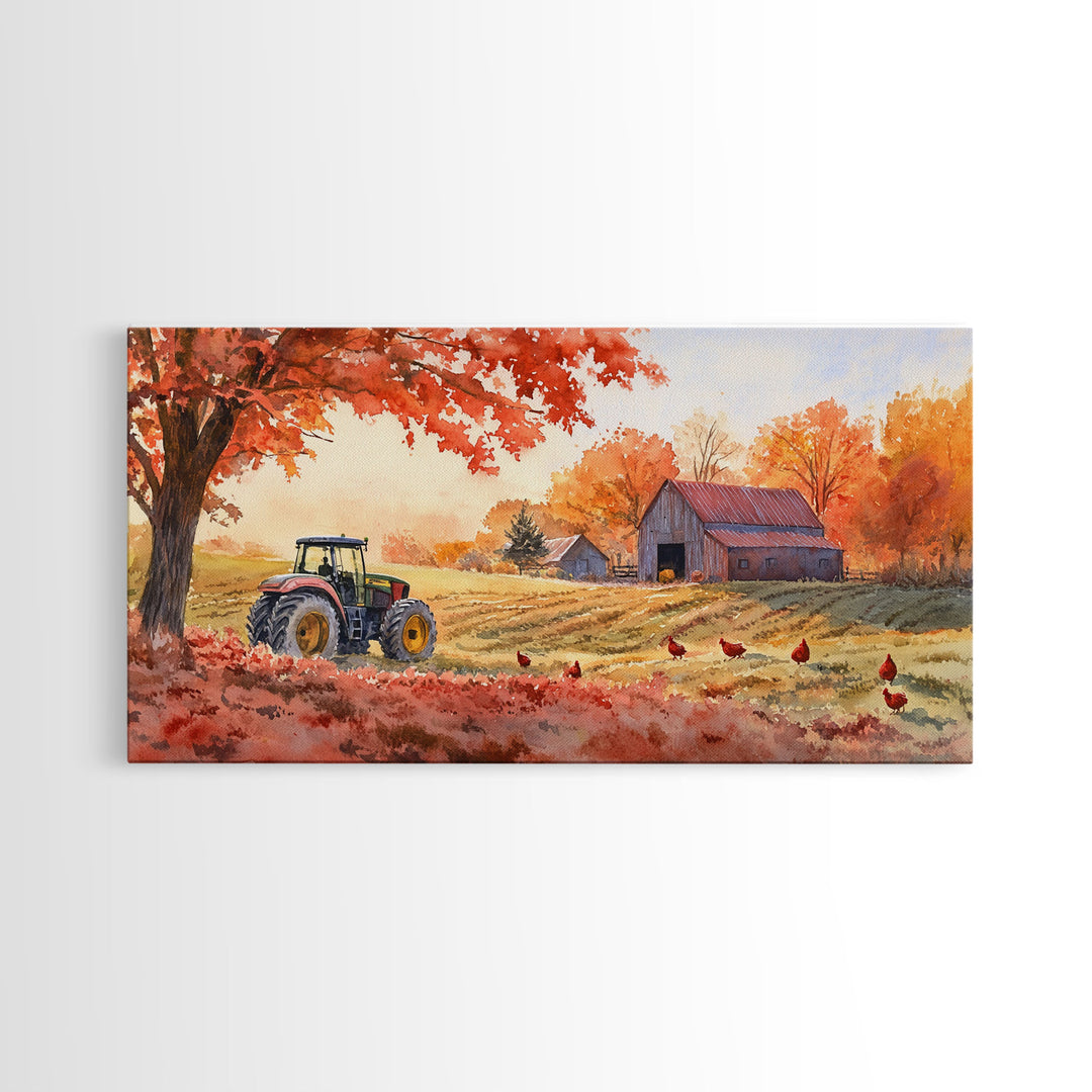 Tractor in Fall Field with Barn, Watercolor Wall Art, Farmhouse Autumn Decor, Framed Canvas Print, Home Decor, Above Sofa Art, Gift Idea