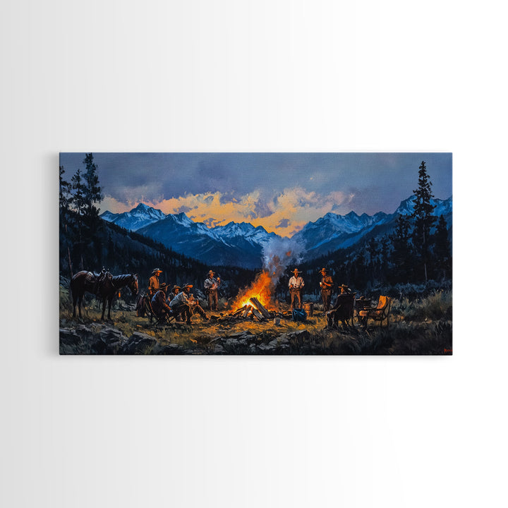 Framed Canvas Print Western Cowboys Campfire Evening Art Landscape Rustic Winter Mountain Home Decor Extra Large Wall Art Gift