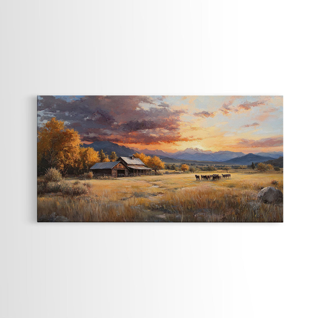 Sunset Ranch Framed Canvas Print Scenic Landscape Art Autumn Mountain Wall Decor Ideal Holiday and Fall Home Decor Extra Large Art