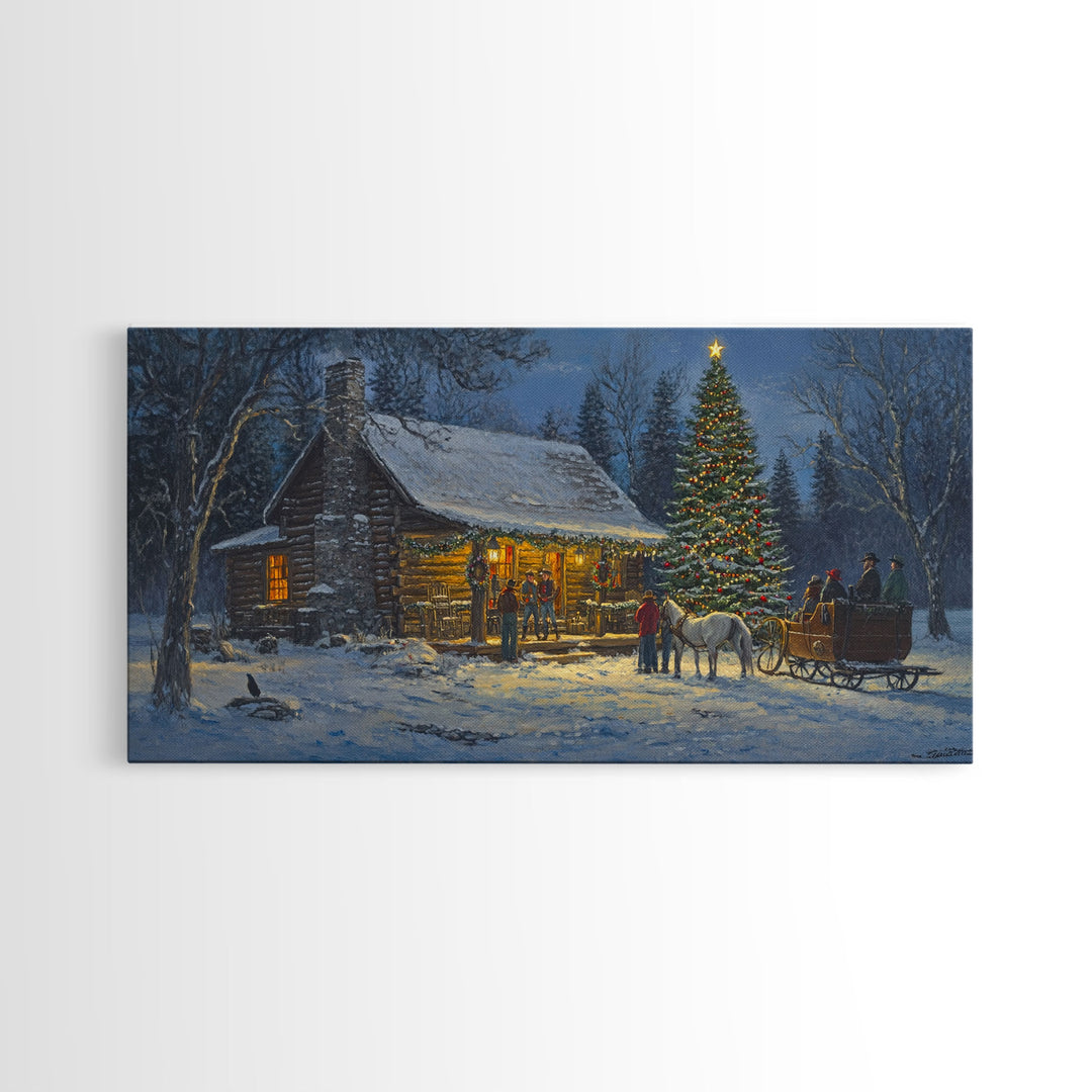 Winter Christmas Framed Canvas Print Cabin Christmas Tree Scene Wall Art Large Christmas Decor Perfect Rustic Holiday Wall Art