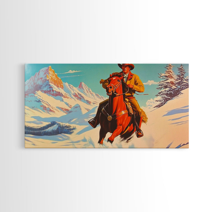 Cowboy in red jacket riding through snow-covered forest, Framed Canvas Print, vibrant winter wall art, rustic western decor