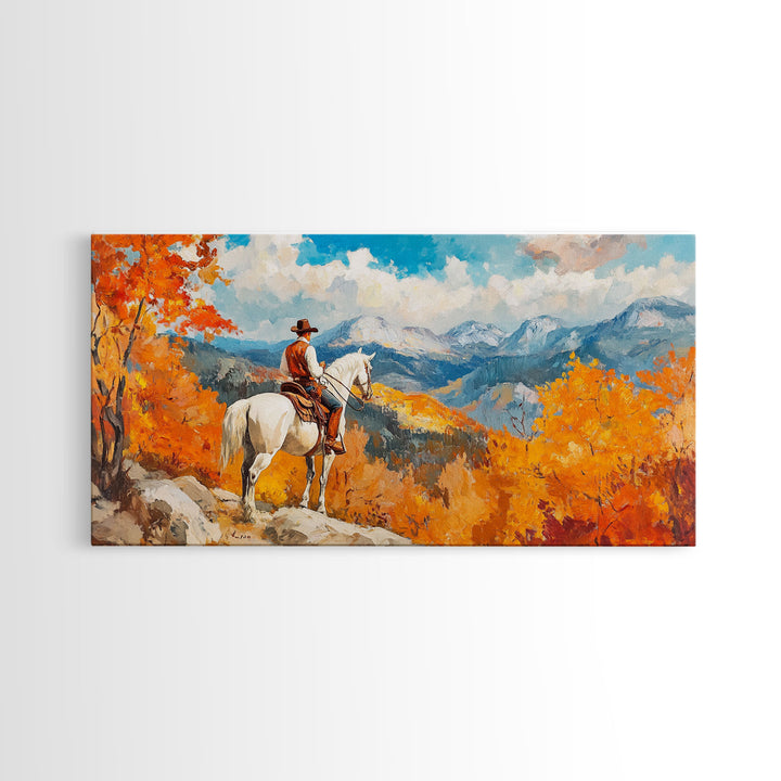 Cowboy on autumn swing, Framed Canvas Print, rustic Western art with vibrant fall, tall framed canvas print autumn decor farmhouse wall art