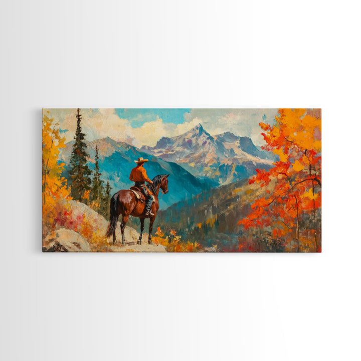 Female cowboy in fall forest, Framed Canvas Print, tall striking artwork rustic or modern farmhouse seasonal wall art