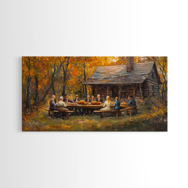 Thanksgiving Dinner With Family At Rustic Cabin, Cozy Fall Harvest Scene Wall Art, Warm Autumn Framed Canvas Print, Country Decor