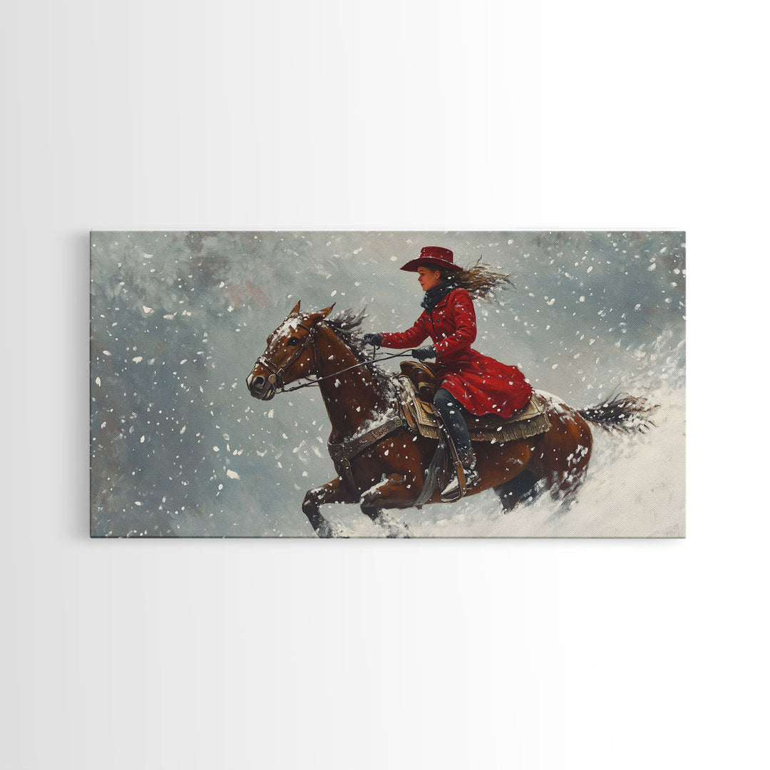 Rider In The Snow, Framed Canvas Print, Winter Wall Art, Rustic Western Decor, Primitive Home Decor, Rustic Farmhouse Art