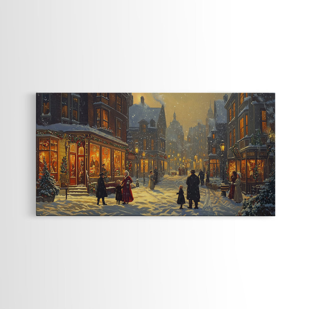 Victorian Christmas Street Scene With Families Shopping, Cozy Winter Wonderland Wall Art, Framed Canvas Print, Vintage Christmas Decor