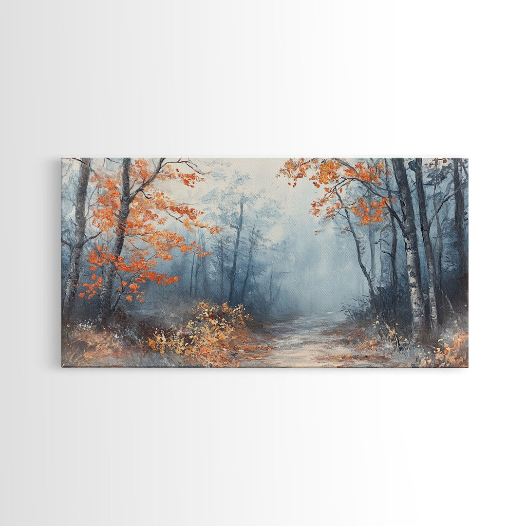 Winter Forest Path Framed Canvas Print, Misty Trees and Snow Scene, Landscape, Winter Wonderland Art, Christmas Home Decor, Holiday Gift