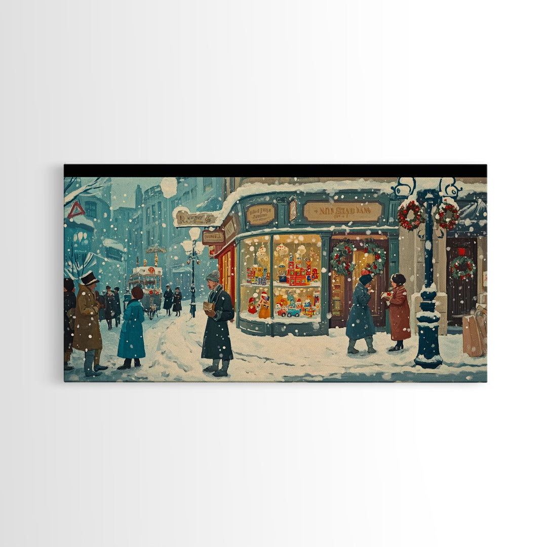 Vintage Christmas Street Framed Canvas Print, Victorian Christmas Decor, Winter Scene Art, Christmas Home Decor, Holiday Wall Art Gift