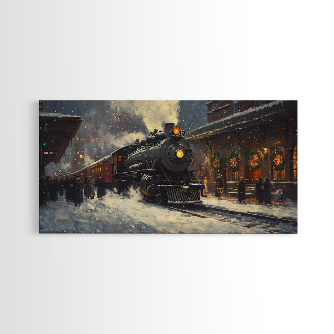 Winter Train Station Framed Canvas Print, Snowy Christmas Scene, Vintage Holiday Decor, Christmas Home Decor, Trendy Christmas Art