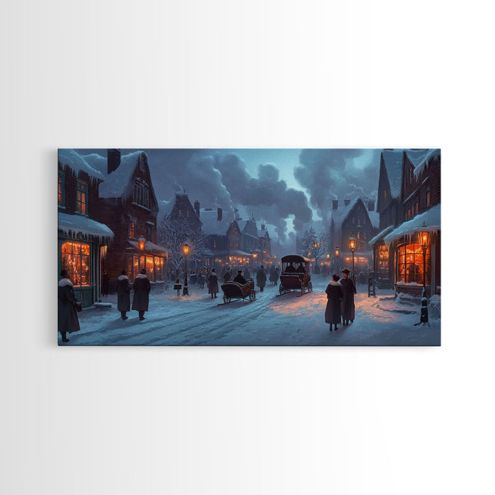 Victorian Winter Street Framed Canvas Print, Christmas Village Scene, Holiday Decor, Vintage Christmas Home Decor, Christmas Wall Art Gift