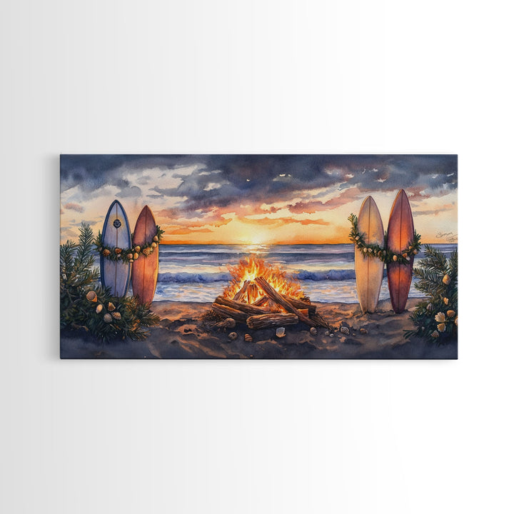 Surfboards With Christmas Garland By Bonfire At Sunset, Tropical Christmas Beach Wall Art, Coastal Holiday Framed Canvas Print