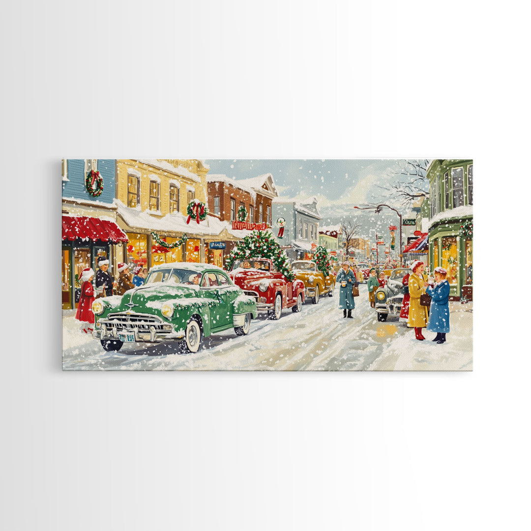 Festive Small Town Framed Canvas Print, Retro Christmas Village Scene, Vintage Christmas Decor, Christmas Vacation Art, Holiday Wall Art