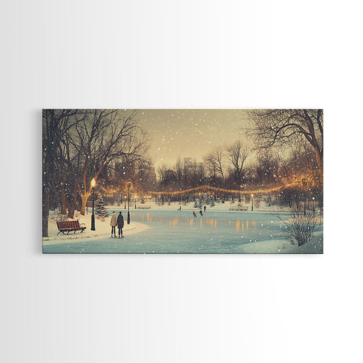 Snowy Ice Skating Framed Canvas Print, Winter Wonderland Scene Art, Vintage Christmas Decor, Christmas Vacation Art, Best Holiday Wall Art