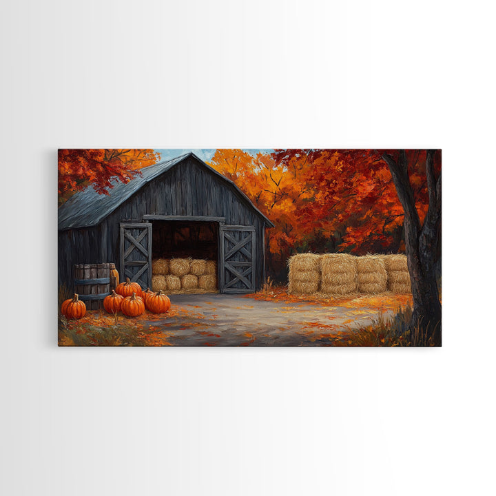 Fall Barnyard with Pumpkins Framed Canvas Print Farmhouse Decor, Fall Art Print, Rustic Home Decor, Seasonal Gift Wall Art