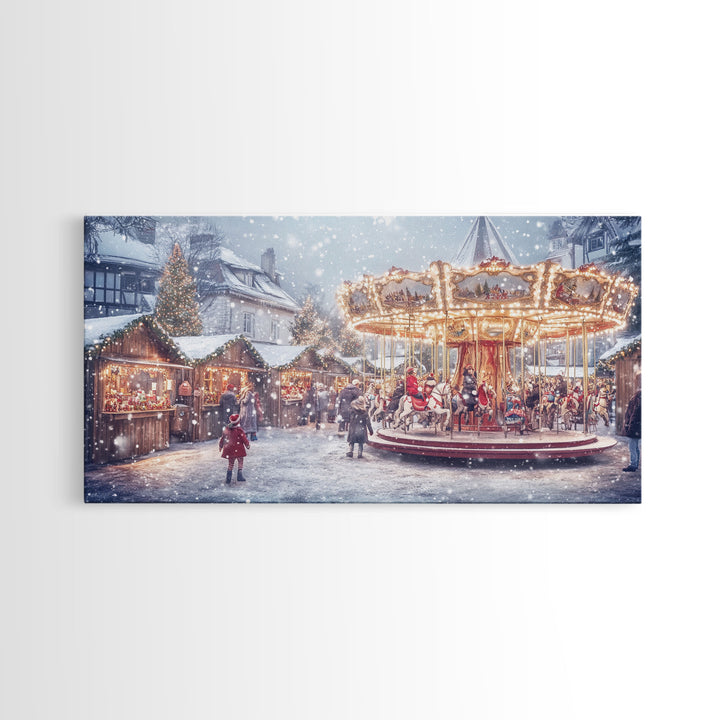 Festive Christmas Carousel Framed Canvas Print - Vintage Christmas Wall Art and Holiday Scene Decor with Christmas Characters